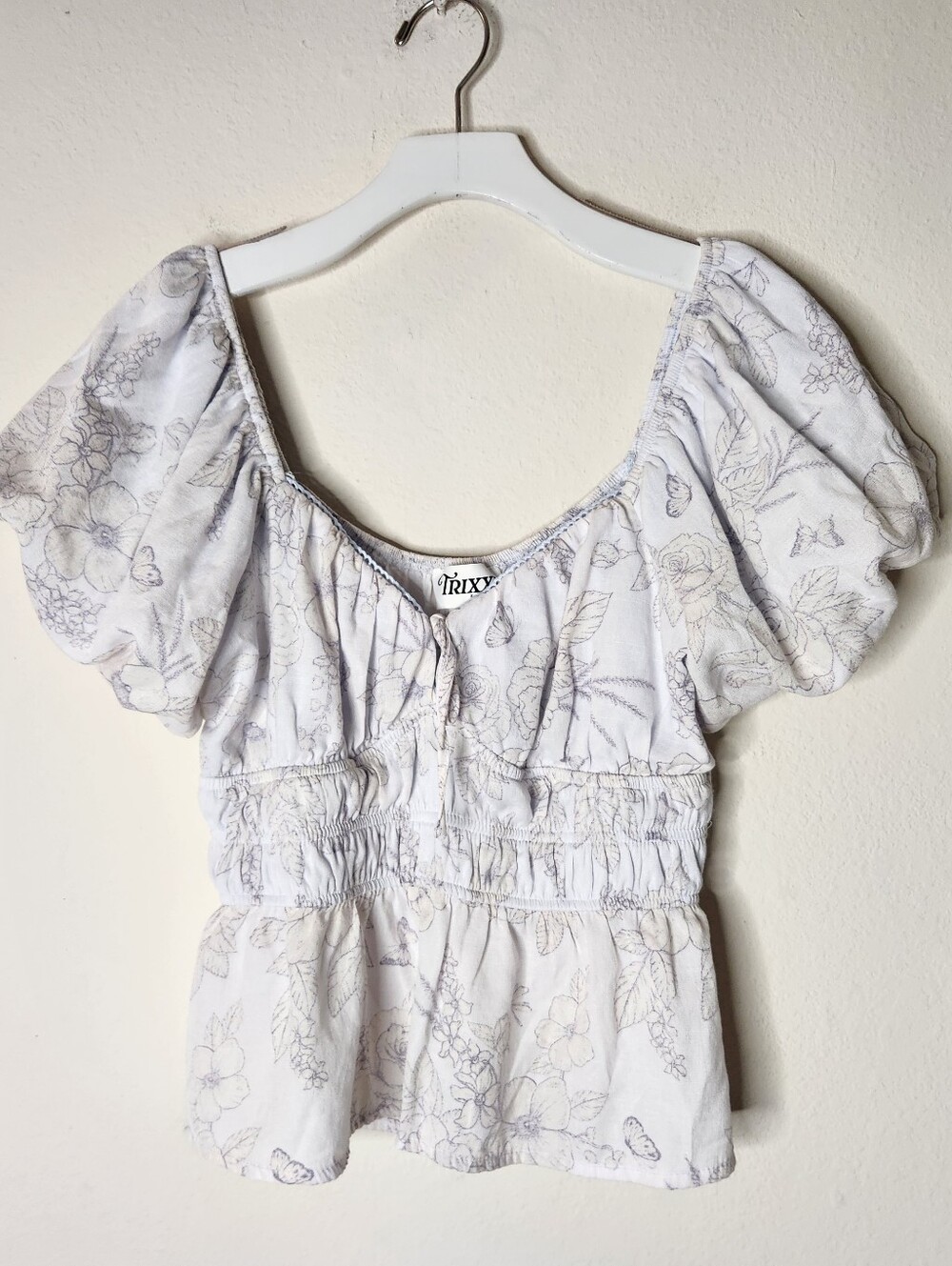Trixxi LA Womens Medium White Purple Floral Babydoll Puff Blouse Crop Peplum